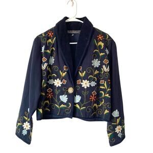 New Identity Navy Blue Cotton Embroidery Floral Jacket Crop size small